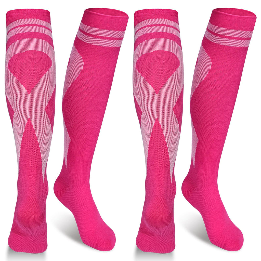 Subesty 2 Pairs Breast Cancer Awareness Compression Socks Pink Ribbon Size S/M