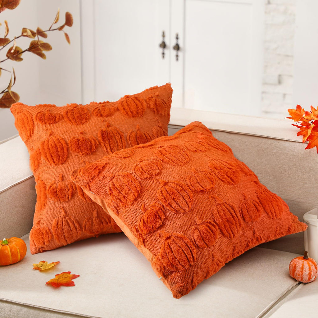 HunnmingRe 2 Pc Pumpkin Throw Pillow Covers 18x18 Orange Autumn Decor