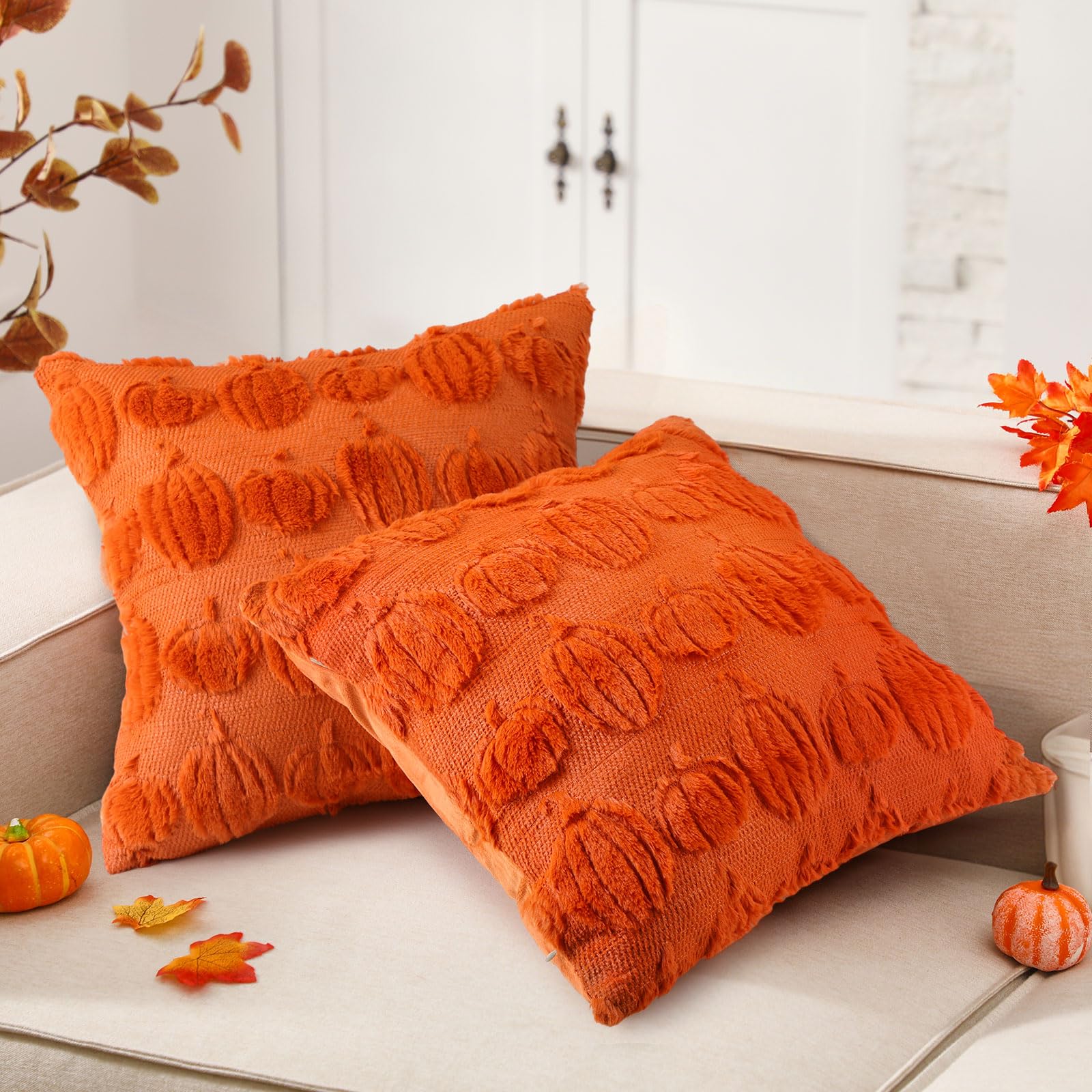 HunnmingRe 2 Pc Pumpkin Throw Pillow Covers 18x18 Orange Autumn Decor