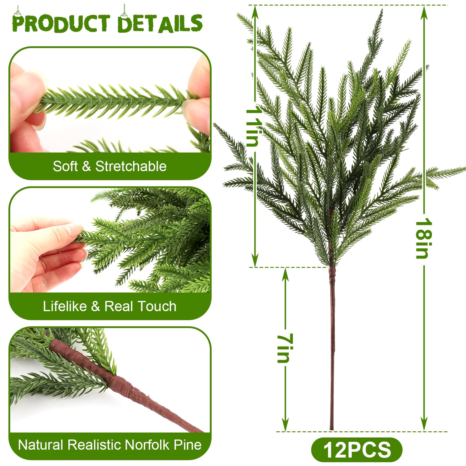 Wsorik 12Pcs 24 Inch Norfolk Pine Stems Artificial Greenery Branches