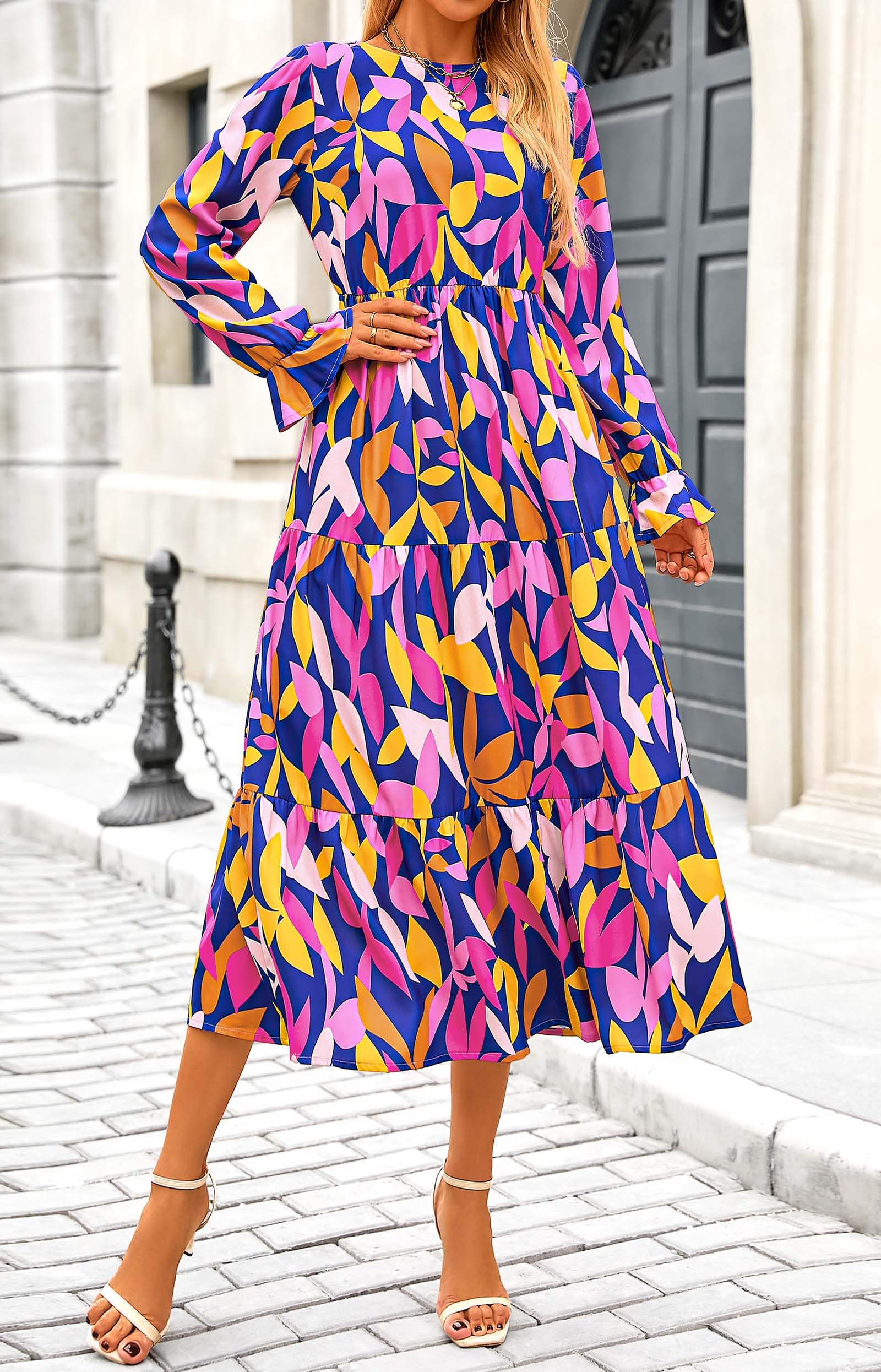 KIRUNDO Womens Long Sleeve Boho Floral Midi Dress Blue Purple Size M