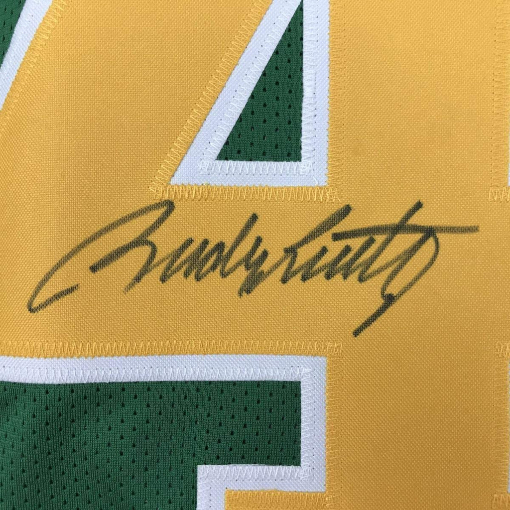Framed Autographed/Signed Rudy Ruettiger 35x39 Never Quit Notre Dame Green College Football Jersey JSA COA