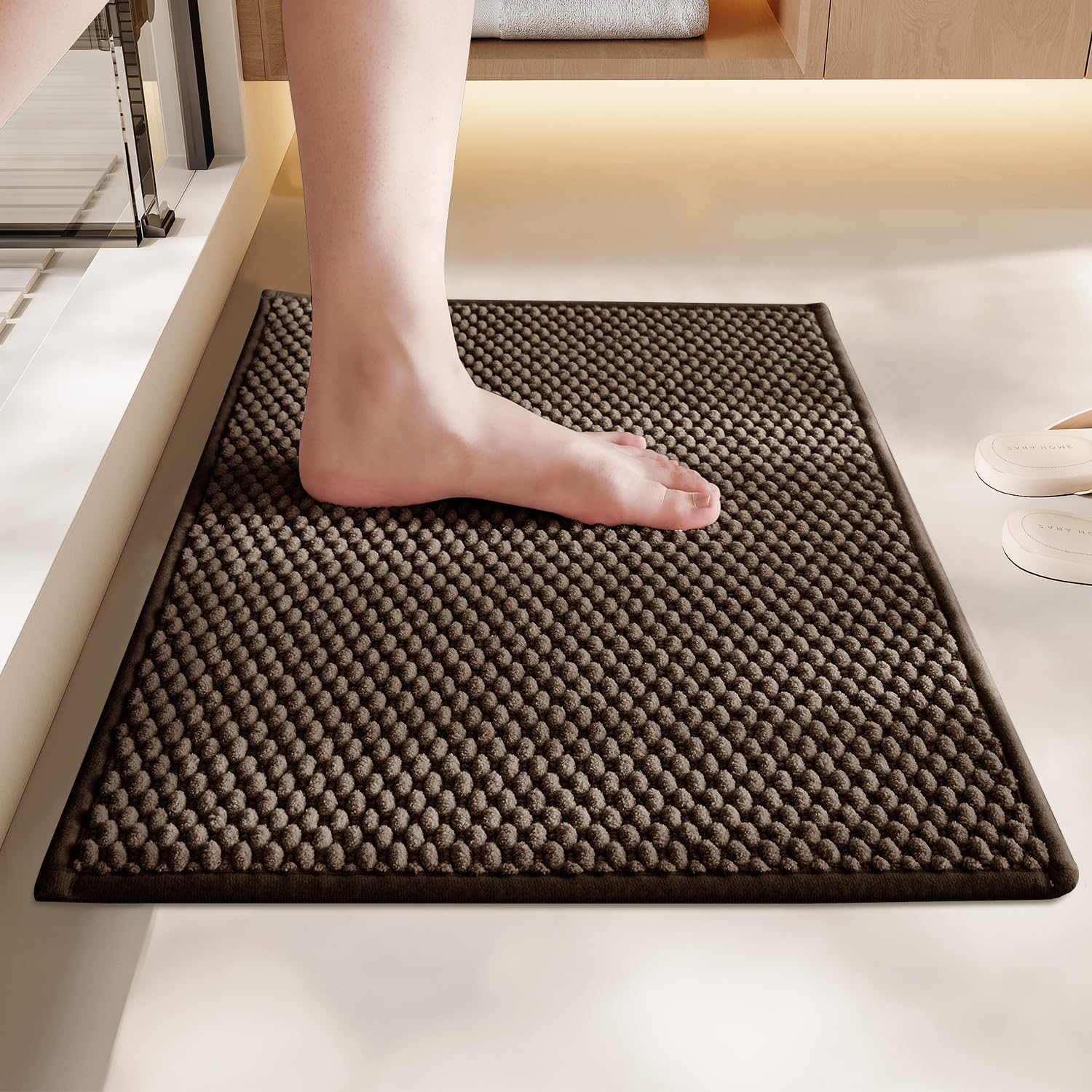 BULULOM Chenille Bathroom Rug Rubber Backing Brown 16x24 Absorbent Mat