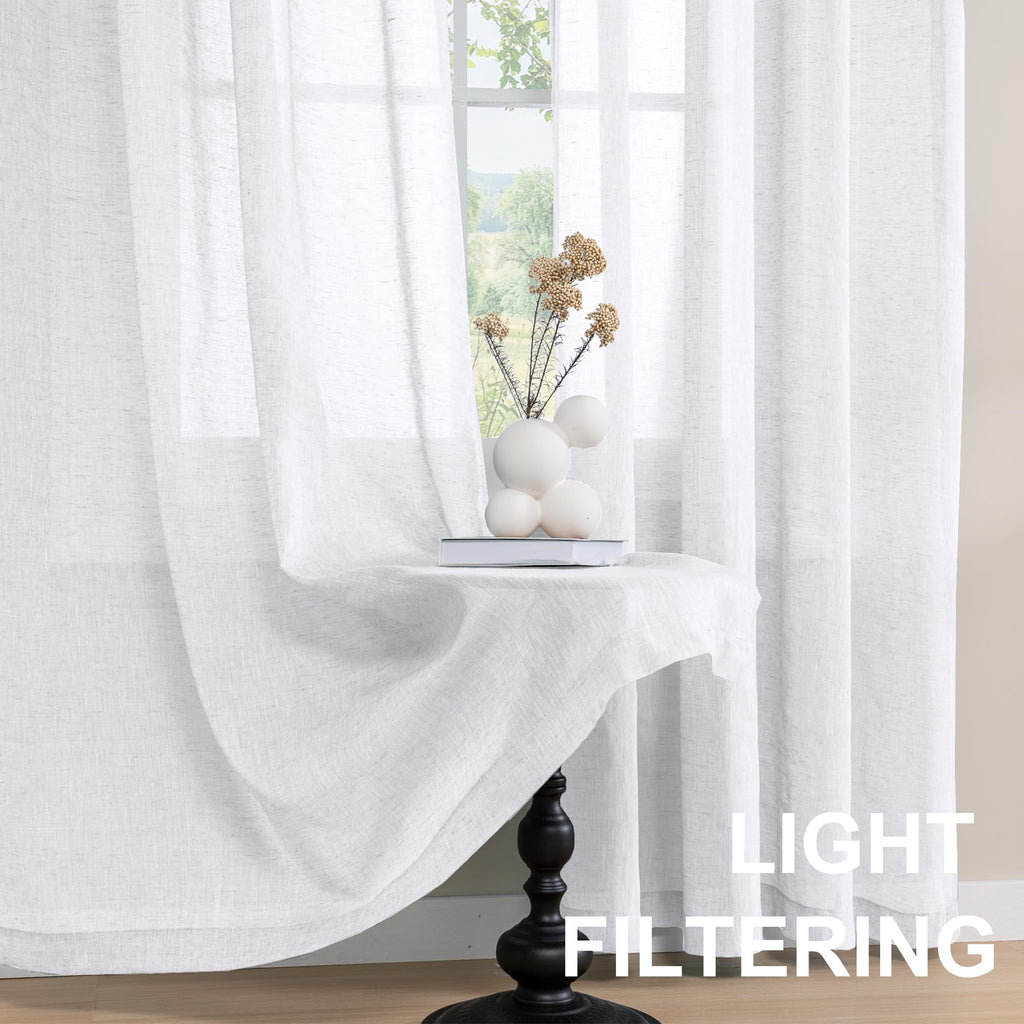 Turquoize Linen Sheer Rod Pocket Curtains 52x63in Set of 2 Pure White