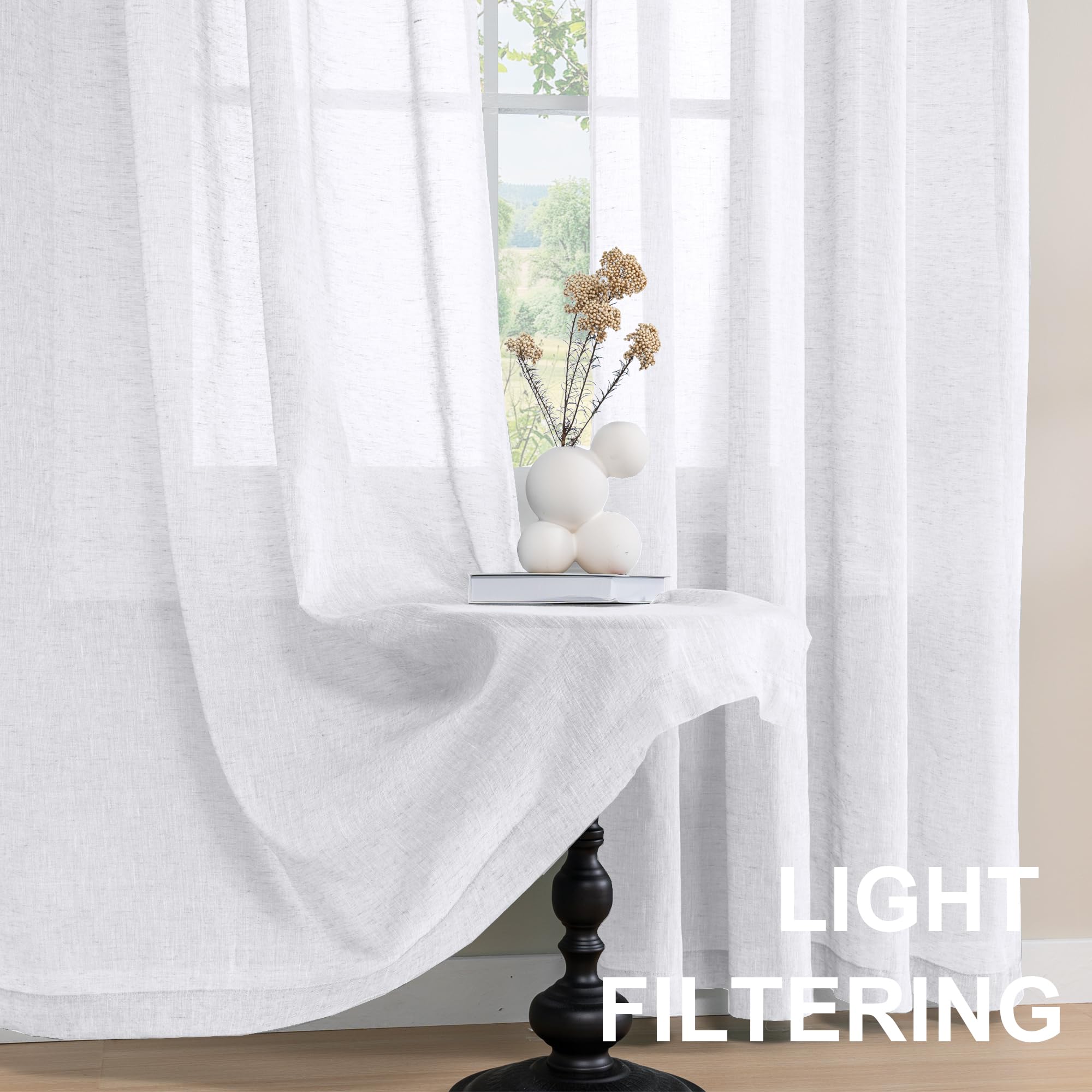 Turquoize Linen Sheer Rod Pocket Curtains 52x63in Set of 2 Pure White