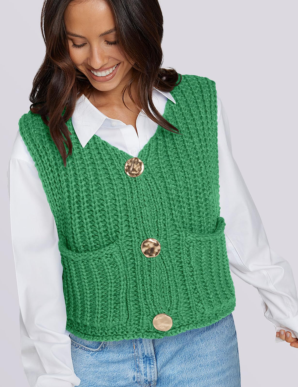 UEU Women's V Neck Crochet Sweater Vest Sleeveless Cardigan Green Size M