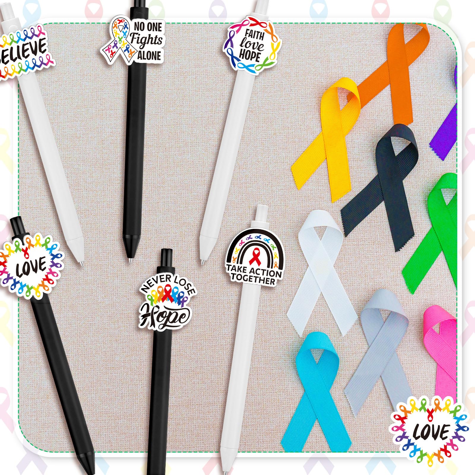Epakh 24 Pcs Cancer Awareness Ribbon Ballpoint Pens Black Ink White Black