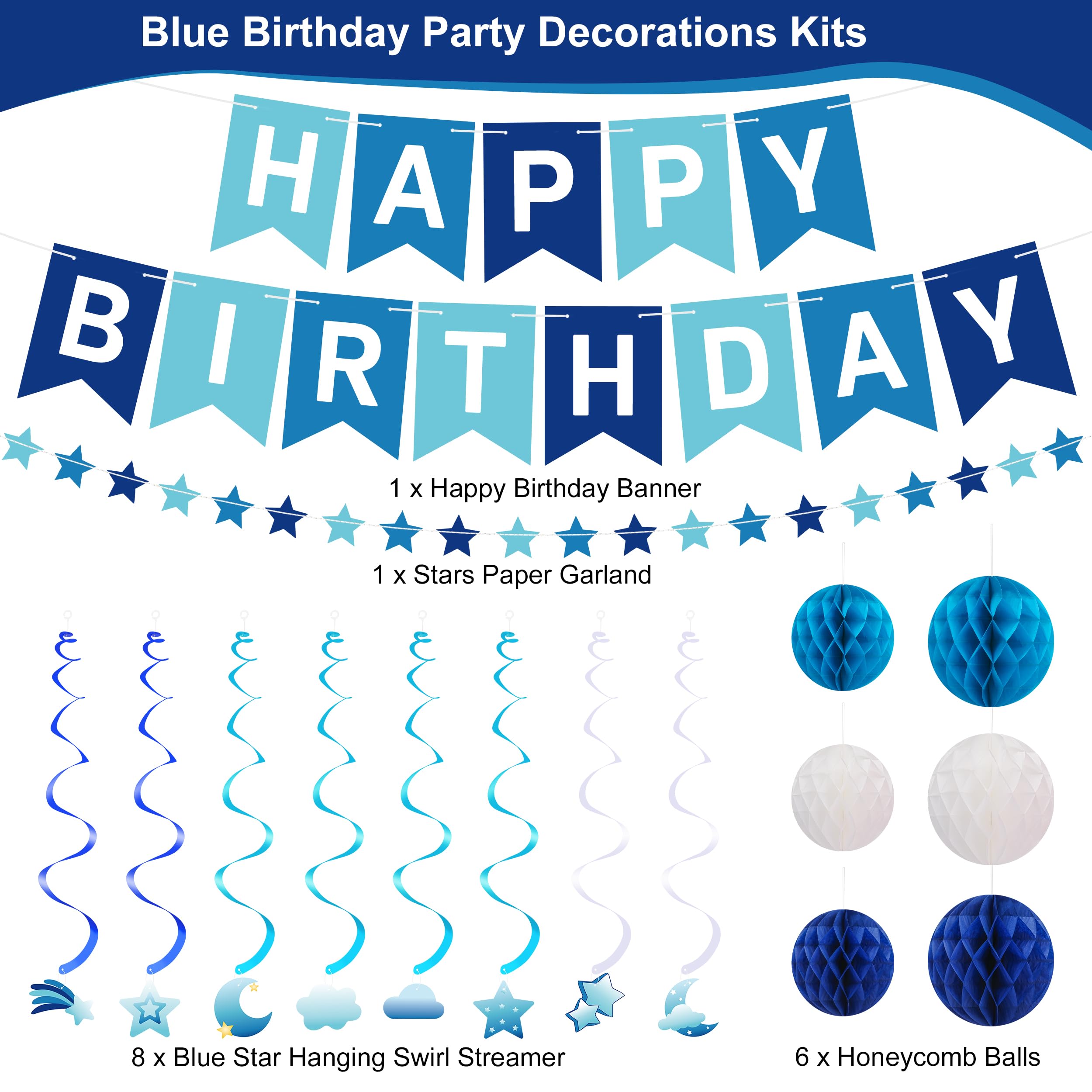 Crosize Blue Birthday Decorations Kit Pre-Strung Banner Tissue Poms Star Garland