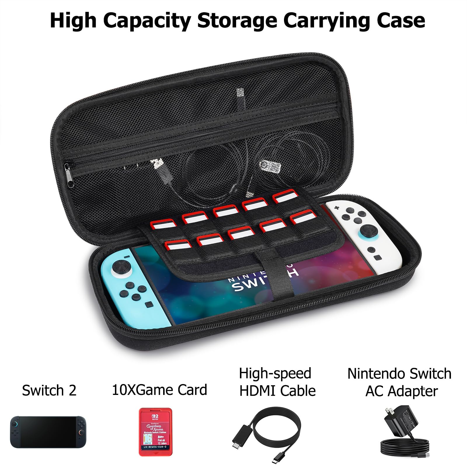 TIGOJH Nintendo Switch 2 Carrying Case Black 10 Game Slots & Accessory Pocket