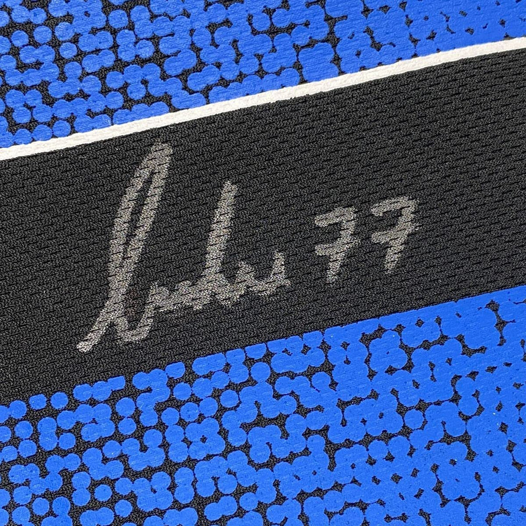 Framed Autographed/Signed Luka Doncic 35x39 Dallas Blue Practice Basketball Jersey Beckett BAS COA Holo Only