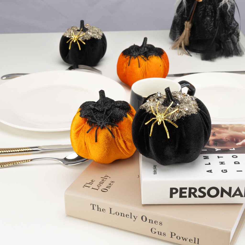 Generic Velvet Halloween Pumpkin Decor 4PCS Black Orange 3.94x3.54in