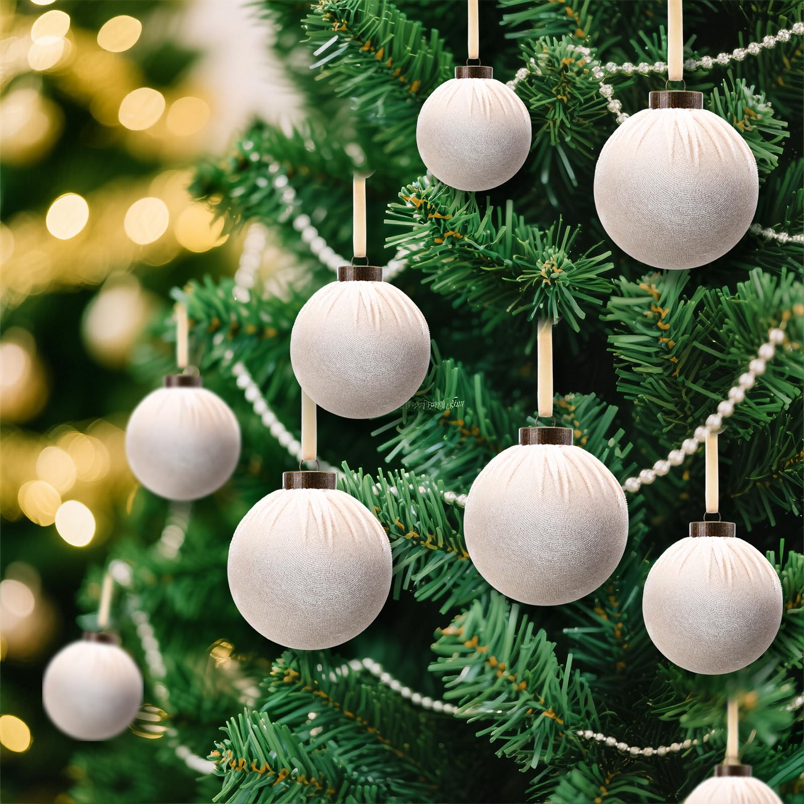 HyDren 24Pcs Beige Velvet Shatterproof Christmas Ornaments Balls 3.15,2.76,2.36"
