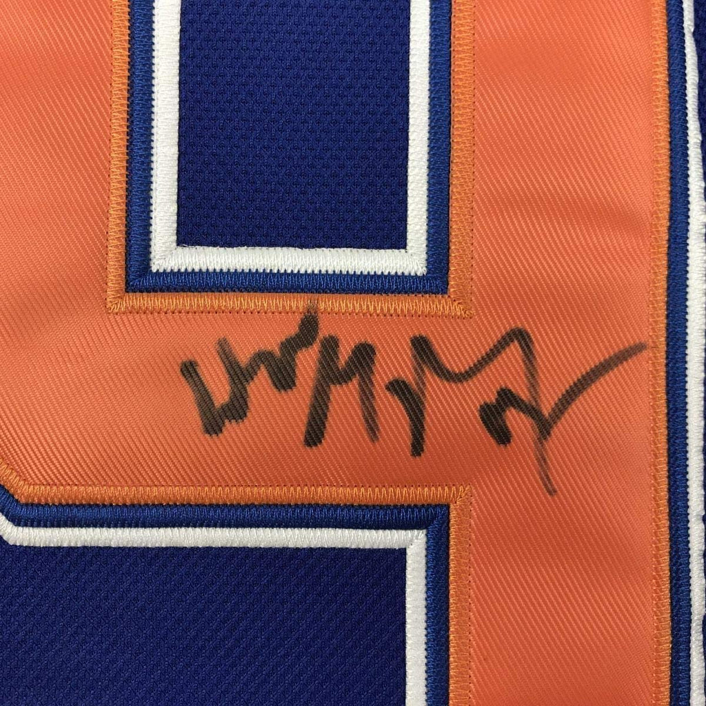 Framed Autographed/Signed Wayne Gretzky 35x39 Edmonton Blue Hockey Jersey PSA/DNA COA/LOA