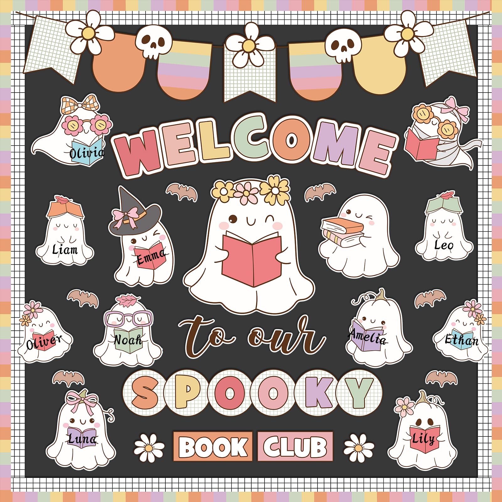 Pasimy Halloween Bulletin Board Set Ghost Paper Cutouts Pastel Boho 70 Pcs