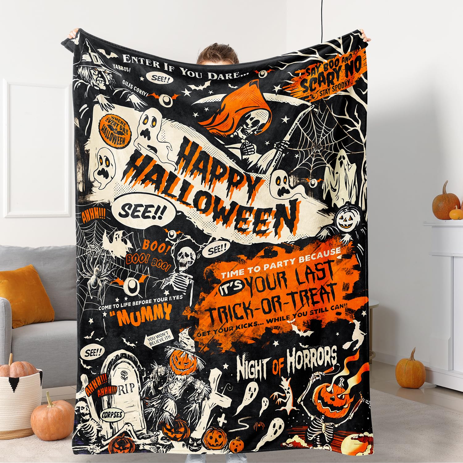 Tupmnbry Halloween Pumpkin Ghost Cat Throw Blanket Flannel 50x60