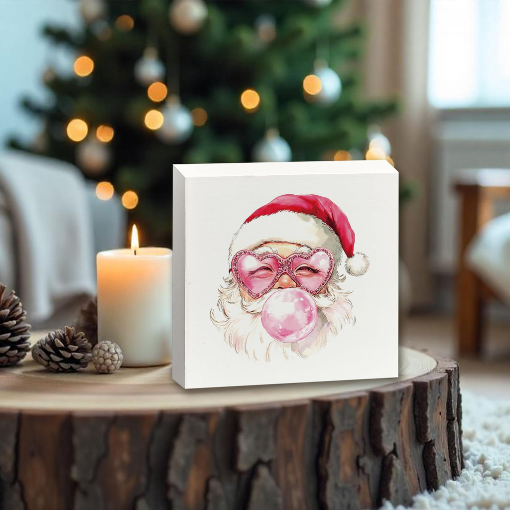 XUNLURY Santa Wooden Box Sign Pink Christmas Decor 5x5 Inch