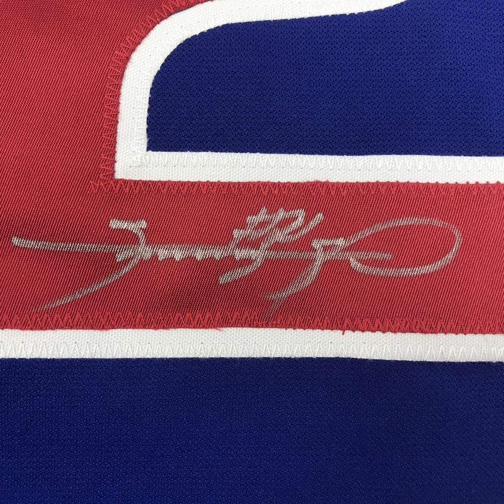 Framed Autographed/Signed Sammy Sosa 35x39 Chicago Blue Baseball Jersey JSA COA