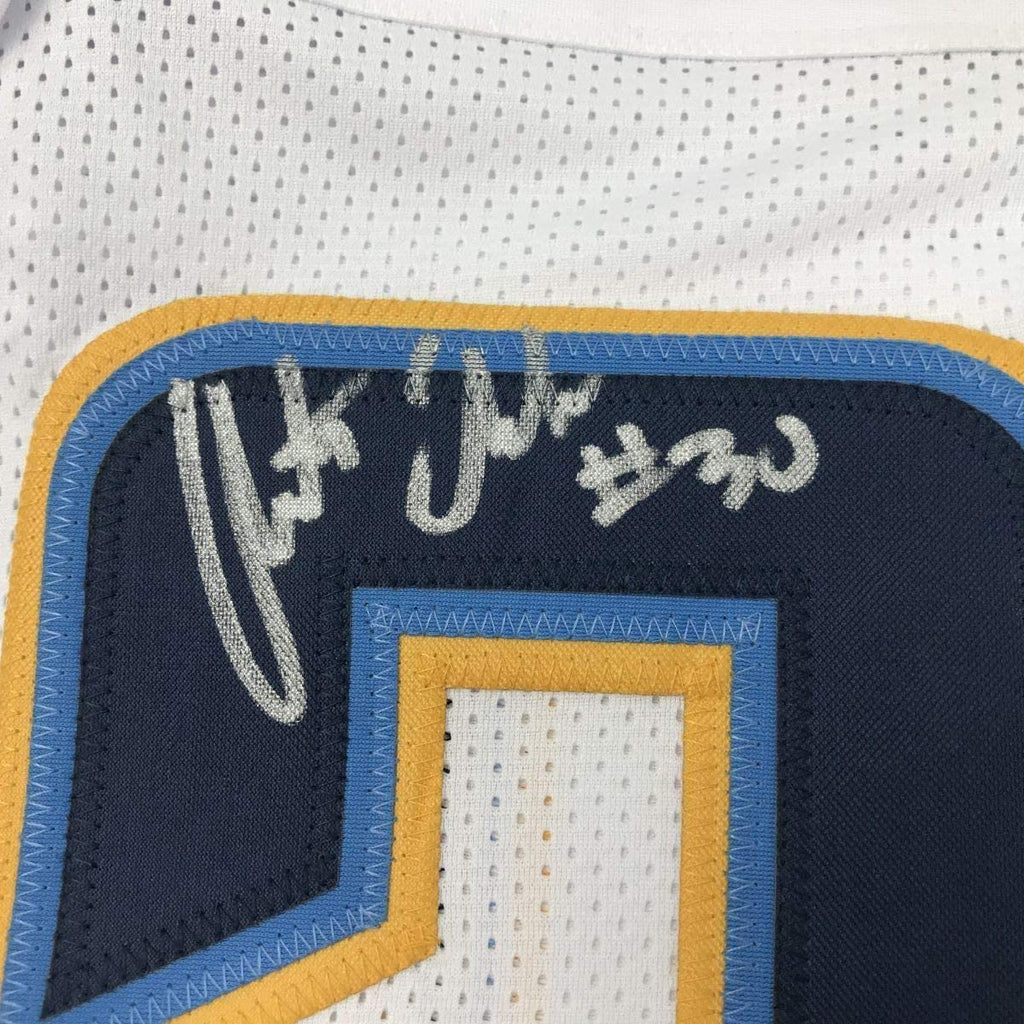 Framed Autographed/Signed Austin Ekeler 35x39 Los Angeles LA White Football Jersey Beckett BAS COA