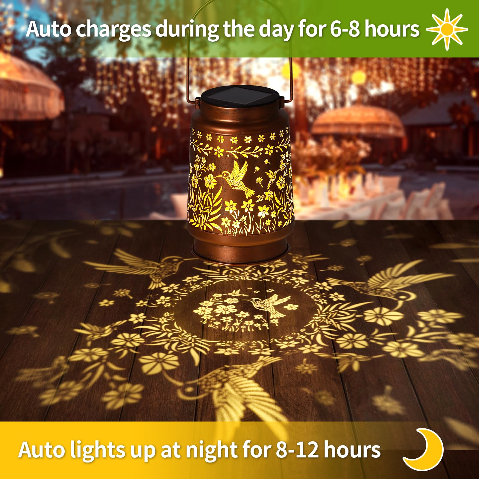 kaakuuki Hummingbird Solar Lantern Outdoor Waterproof Metal LED Bronze