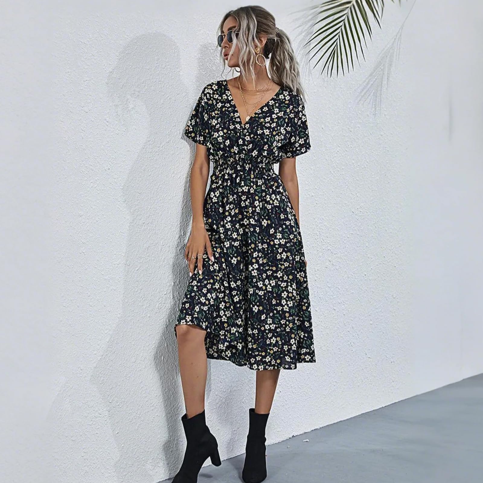 HEBELD Womens Midi Floral V Neck Wrap Dress Elastic Waist Black Size M