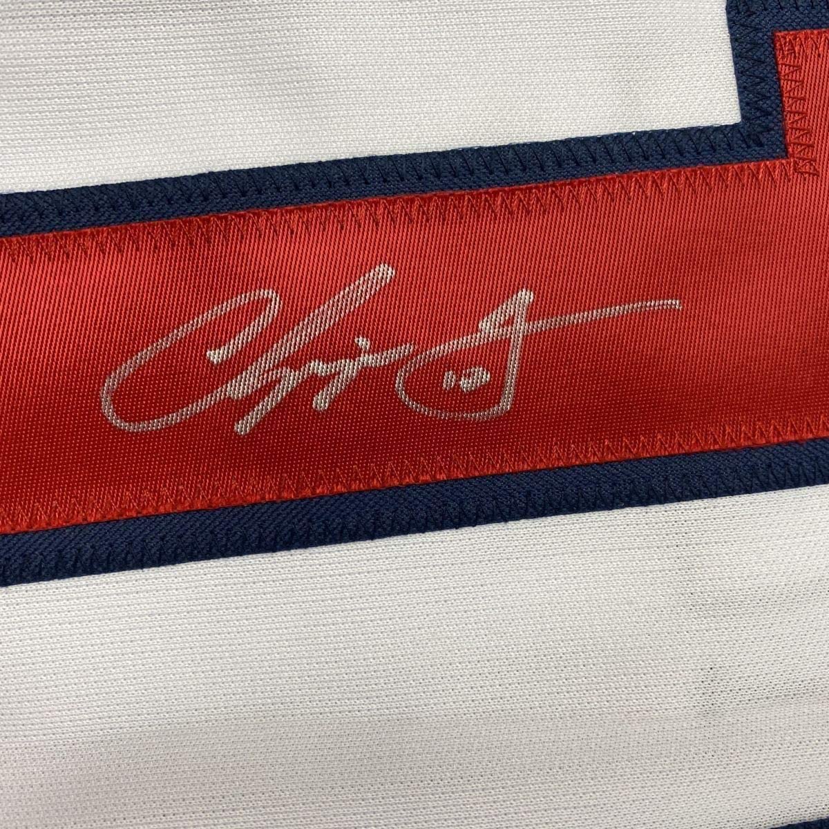 Framed Autographed/Signed Chipper Jones 35x39 Atlanta White Baseball Jersey JSA COA