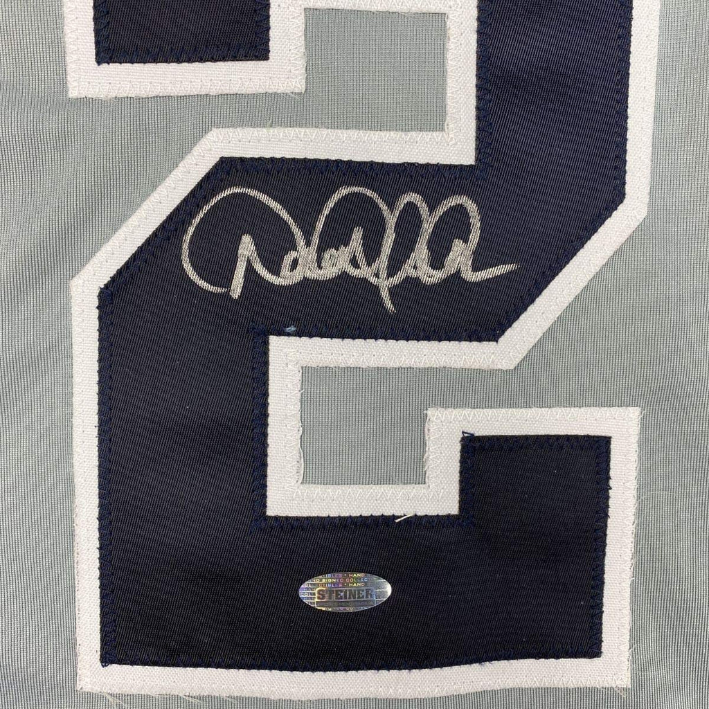 Framed Autographed/Signed Derek Jeter 35x39 New York Grey Baseball Jersey Steiner Sports COA Hologram Only