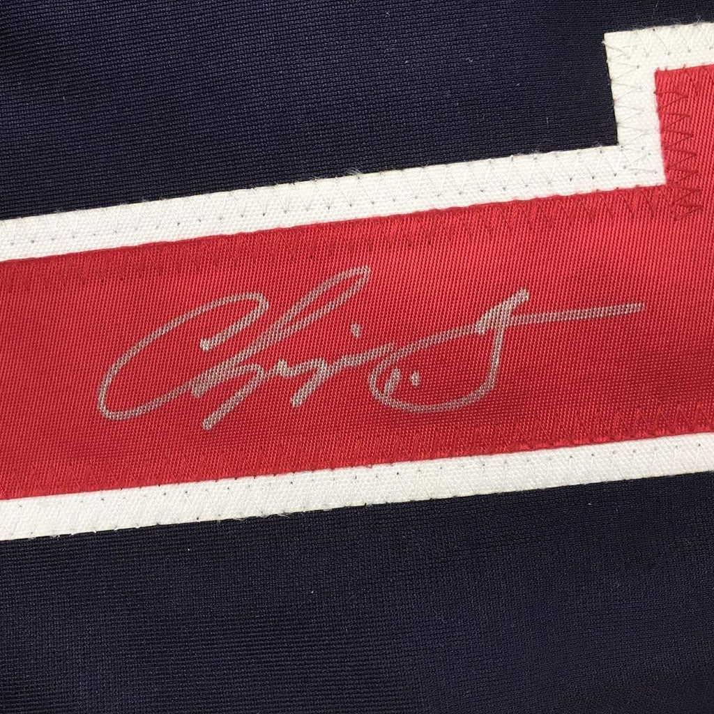 Framed Autographed/Signed Chipper Jones 35x39 Atlanta Blue Baseball Jersey PSA/DNA COA