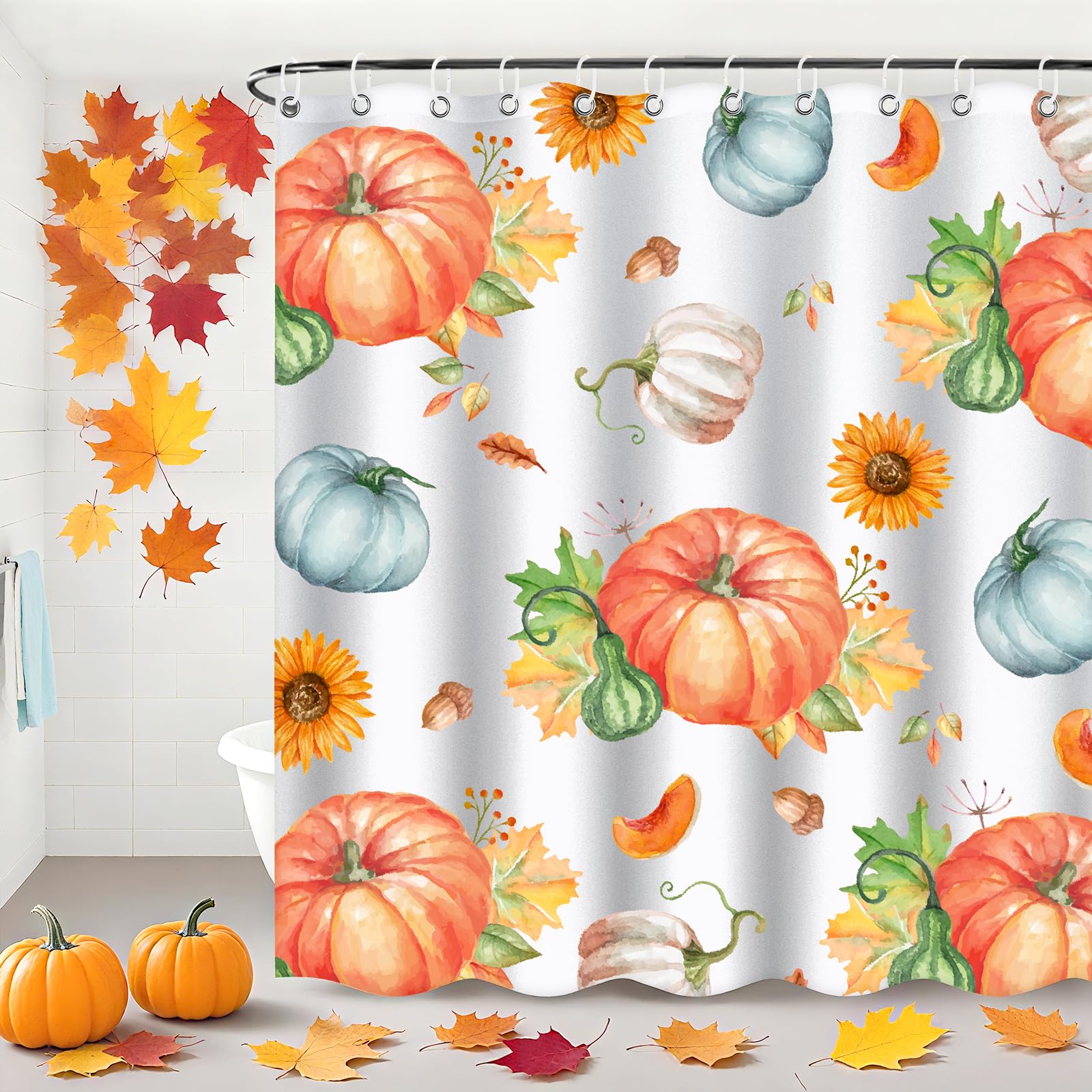 LSYDCARM Thanksgiving Fall Shower Curtain Pumpkin Maple Leaf 12 Hooks Polyester