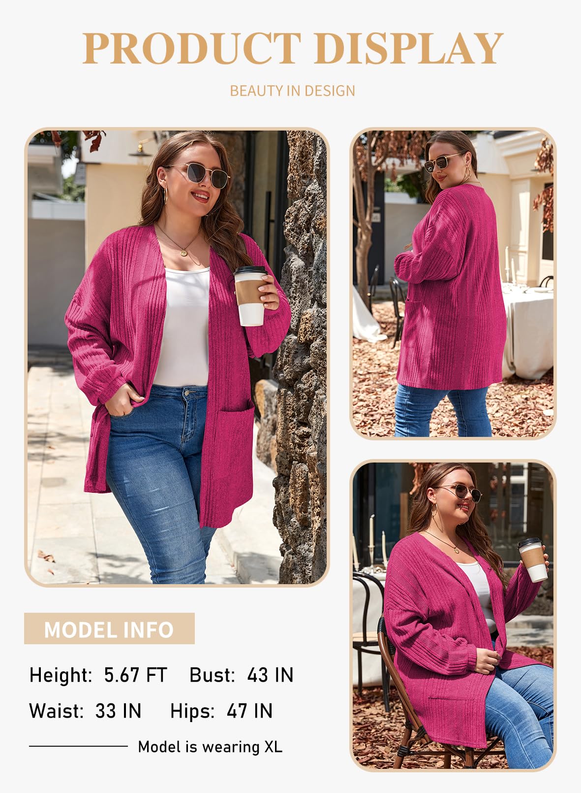 Eytino Women's Plus Size Cardigan Long Sleeve Waffle Knit Coral Paradise Size 1X