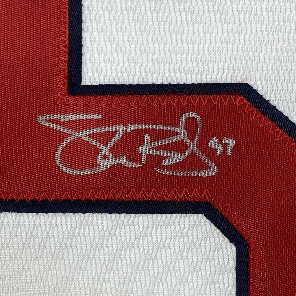 Framed Autographed/Signed Shane Bieber 35x39 Cleveland Indians White Majestic Baseball Jersey JSA COA