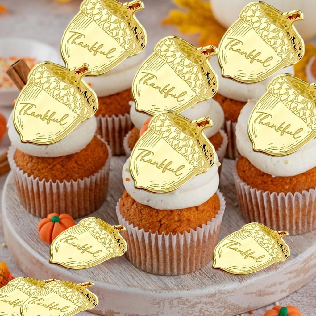 mdgfge 20Pcs Thanksgiving Gold Chestnut Acrylic Cupcake Toppers Decor