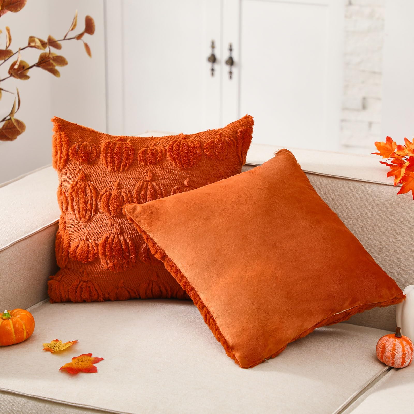 HunnmingRe 2 Pc Pumpkin Throw Pillow Covers 18x18 Orange Autumn Decor