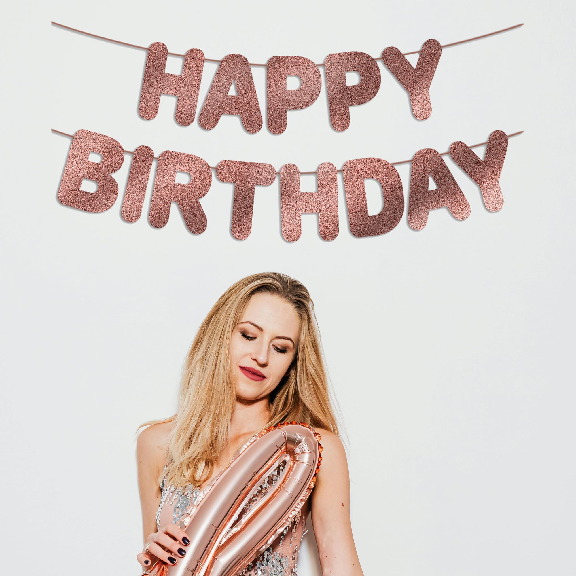 JunyRuny Pre-Strung Happy Birthday Banner Rose Gold Glitter Party Decor