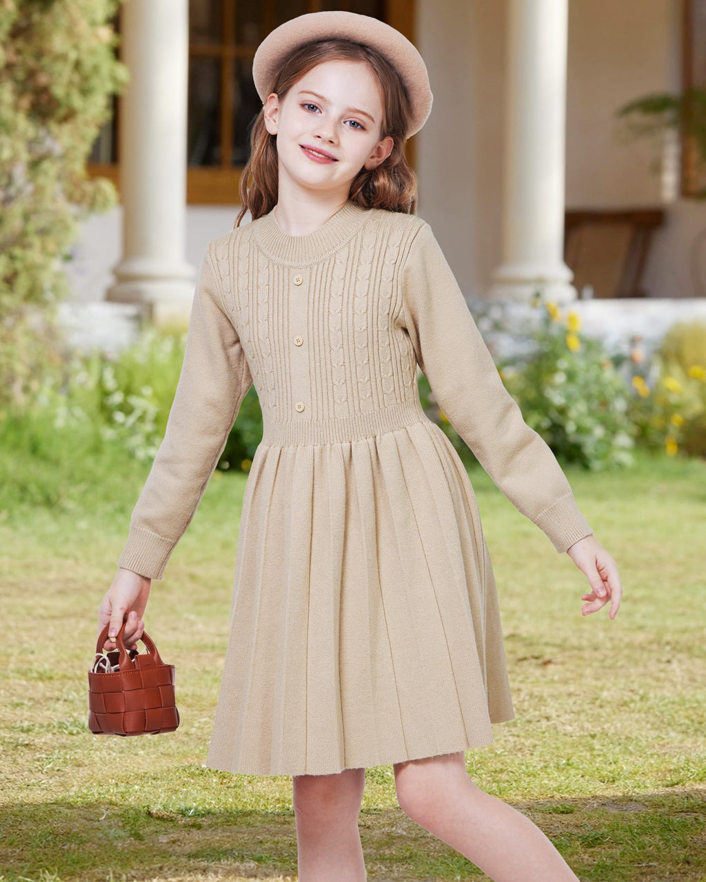 WULFUL Girls Long Sleeve Sweater Dress Pleated Knit Casual Fall Winter 5-12Y