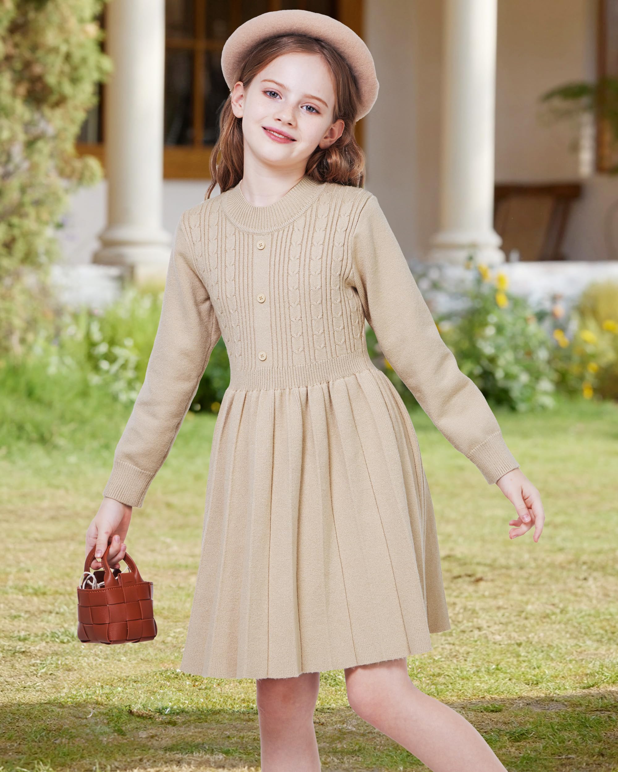 WULFUL Girls Long Sleeve Sweater Dress Pleated Knit Casual Fall Winter 5-12Y
