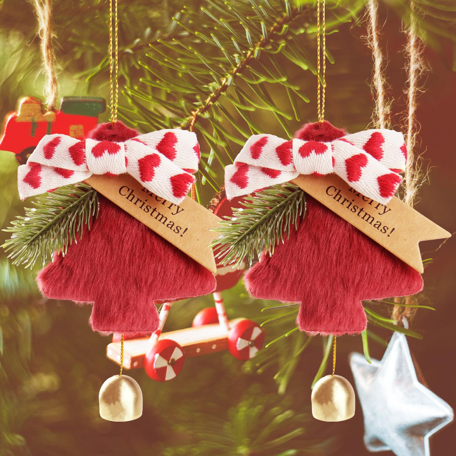 DILAGG Christmas Decorations Fuzzy Tree Ornaments Plush Pendant Gold Bell Red
