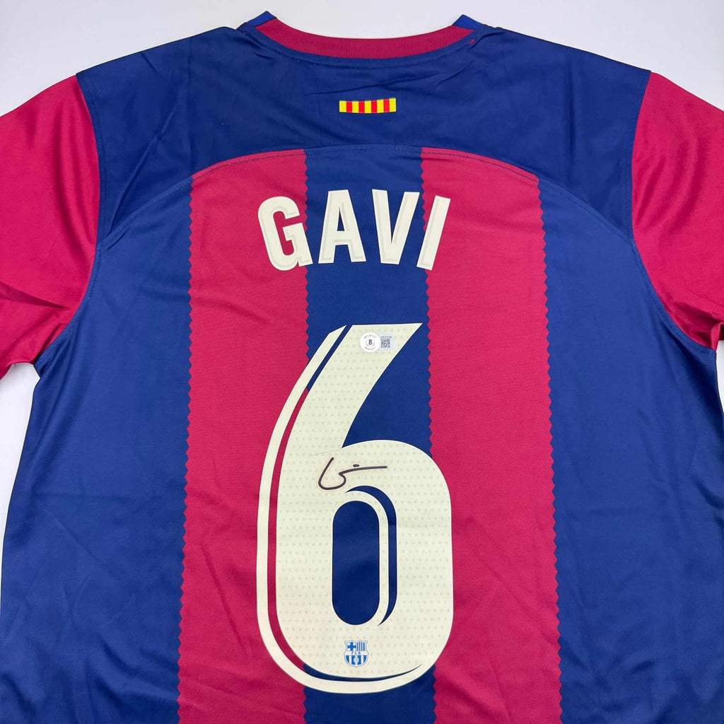 Framed Autographed/Signed Gavi 35x39 FC Barcelona Blue Soccer Jersey Beckett BAS COA
