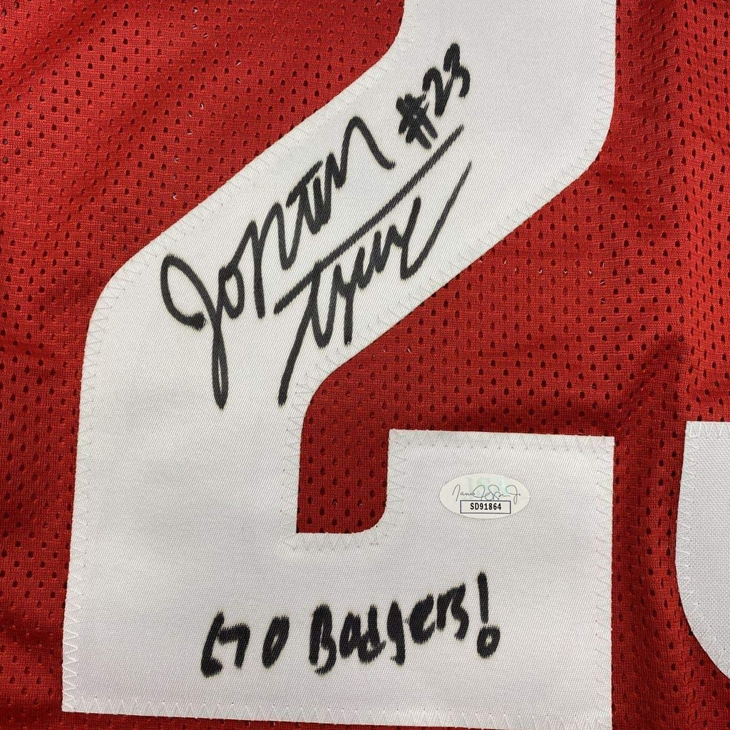 Framed Autographed/Signed Jonathan Taylor Inscribed 35x39 Wisconsin Red College Football Jersey JSA COA