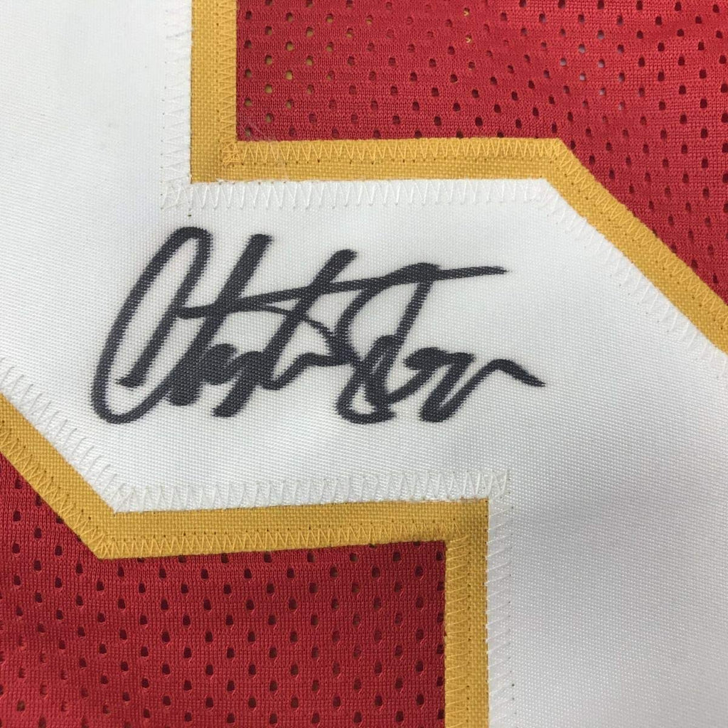 Framed Autographed/Signed Christian Okoye 35x39 Nigerian Nightmare Kansas City Red Football Jersey PSA/DNA COA