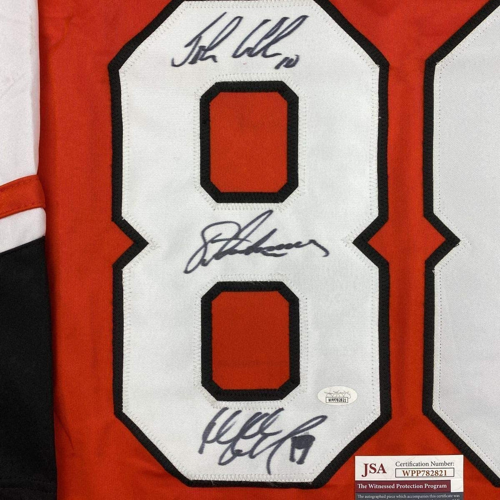 Framed Autographed/Signed Legion of Doom Eric Lindros, John LeClair & Mikail Renberg 35x39 Philadelphia Orange Hockey Jersey JSA COA