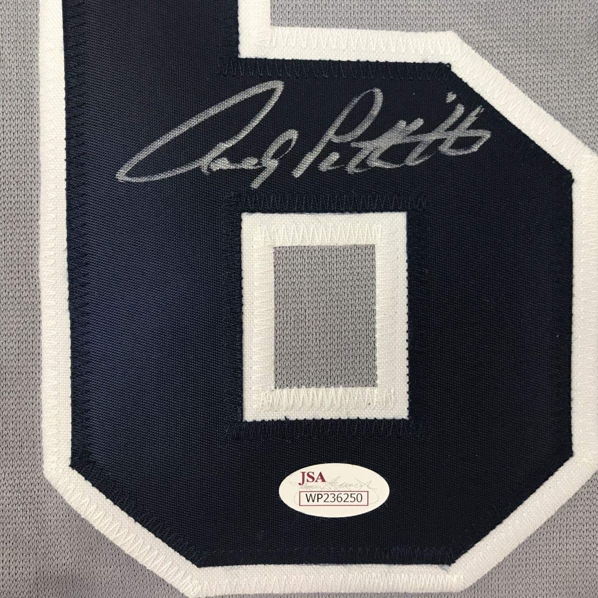 Framed Autographed/Signed Andy Pettitte 35x39 New York Grey Baseball Jersey JSA COA Holo Only
