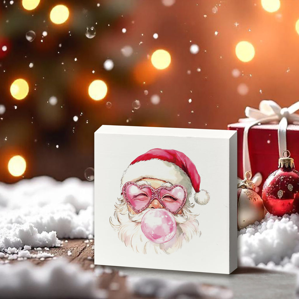 XUNLURY Santa Wooden Box Sign Pink Christmas Decor 5x5 Inch