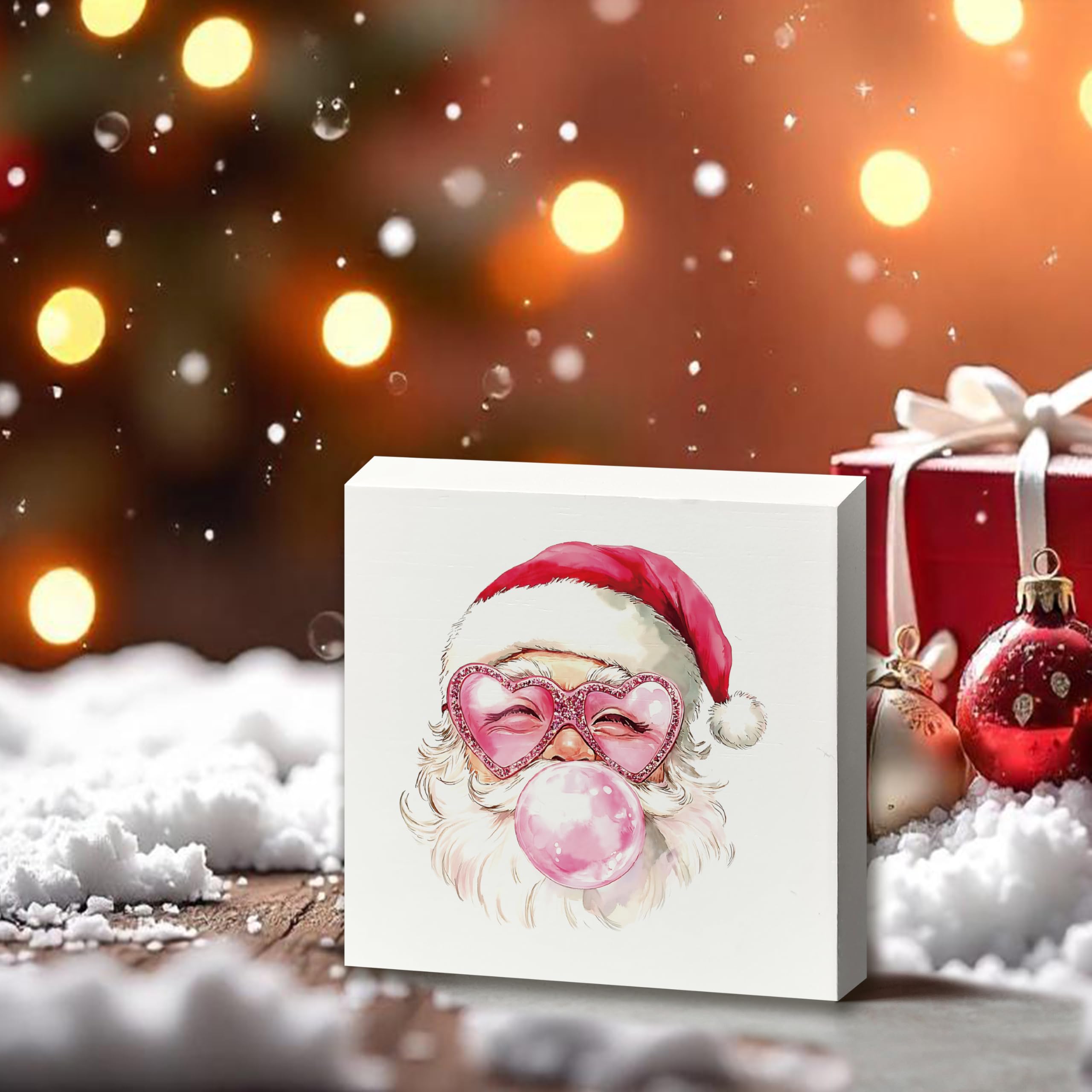 XUNLURY Santa Wooden Box Sign Pink Christmas Decor 5x5 Inch