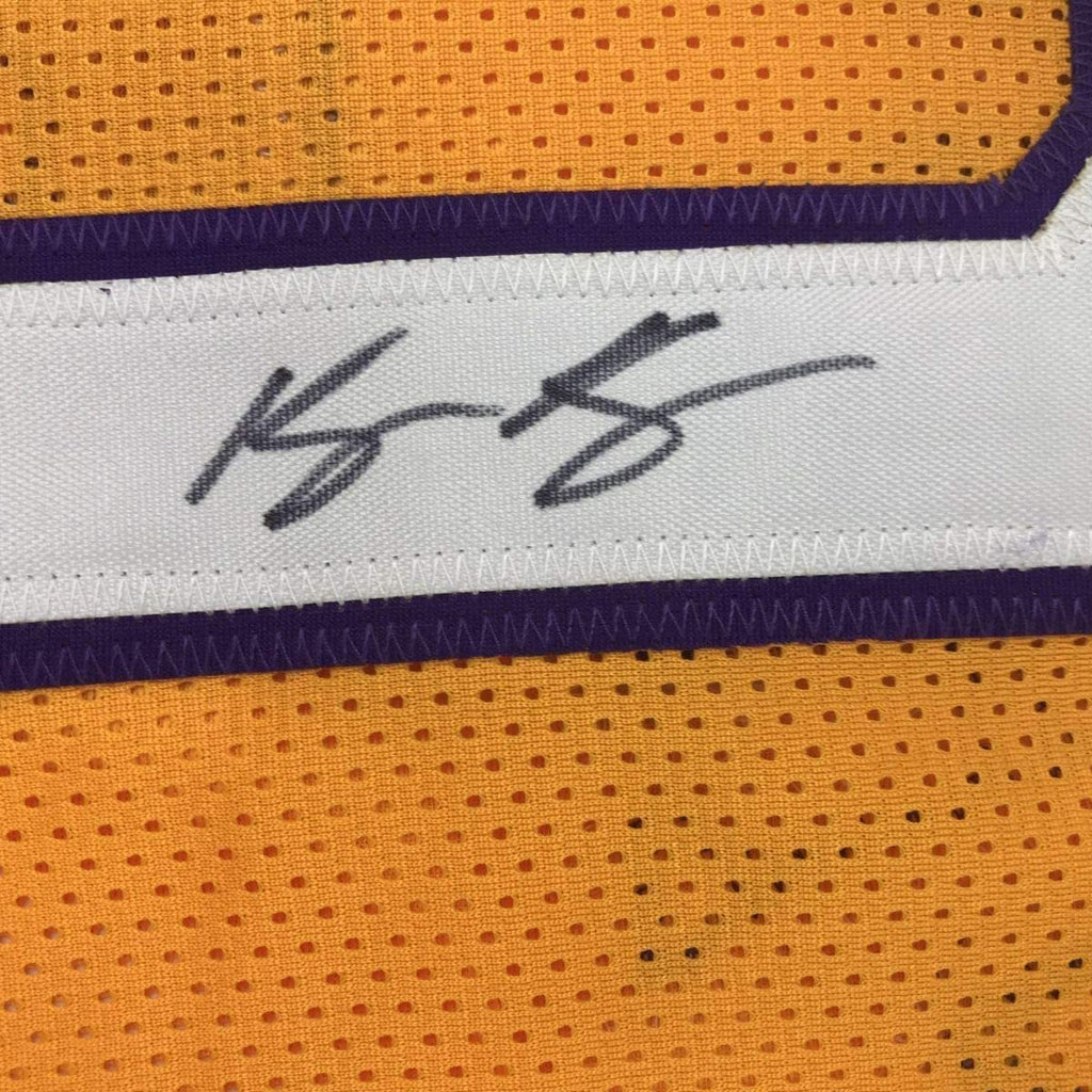 Framed Autographed/Signed Kyle Kuzma 35x39 Los Angeles LA Yellow Basketball Jersey JSA COA