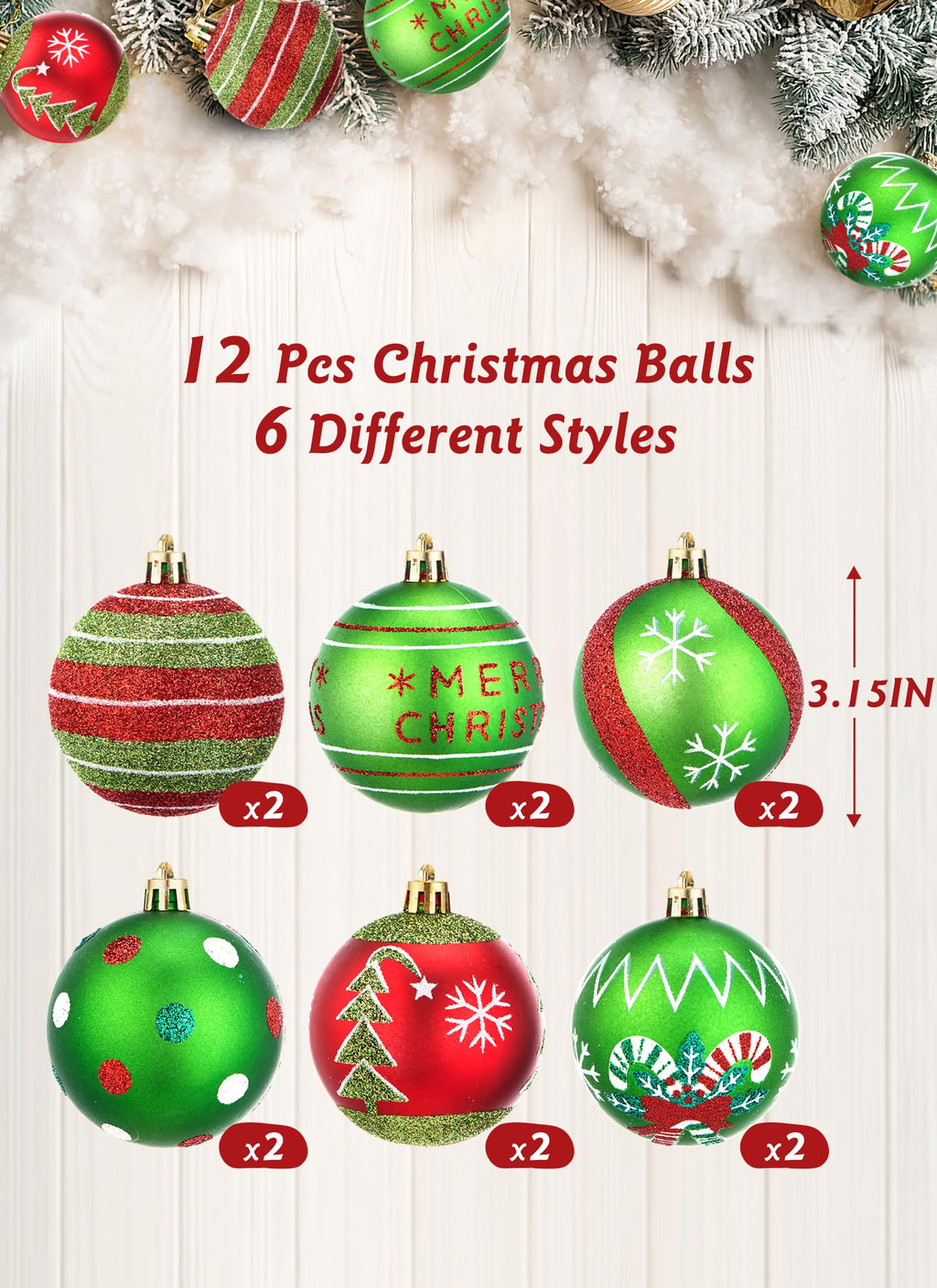SmartDawn 12 Pcs 3.15in Christmas Ball Ornaments Red Green Plastic