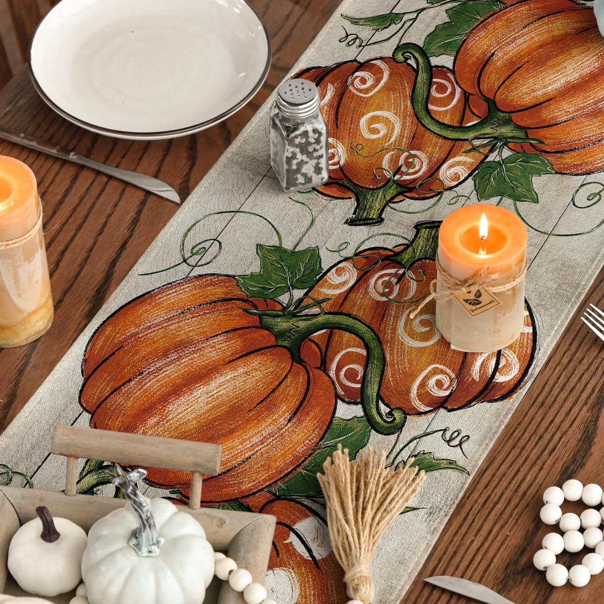 Artoid Mode Polka Dot Pumpkins Vine Wood Fall Table Runner 13x36 Inch