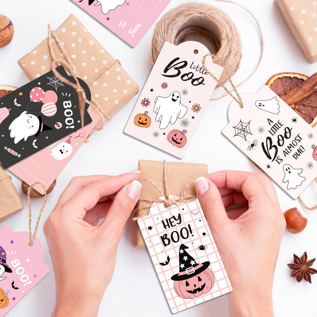 MOZUI Halloween Thank You Tags 60pcs Pink Black Ghost Pumpkin Kraft Paper