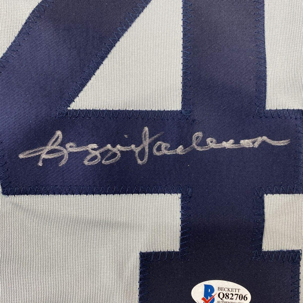 Framed Autographed/Signed Reggie Jackson 35x39 New York Grey Baseball Jersey Beckett BAS COA