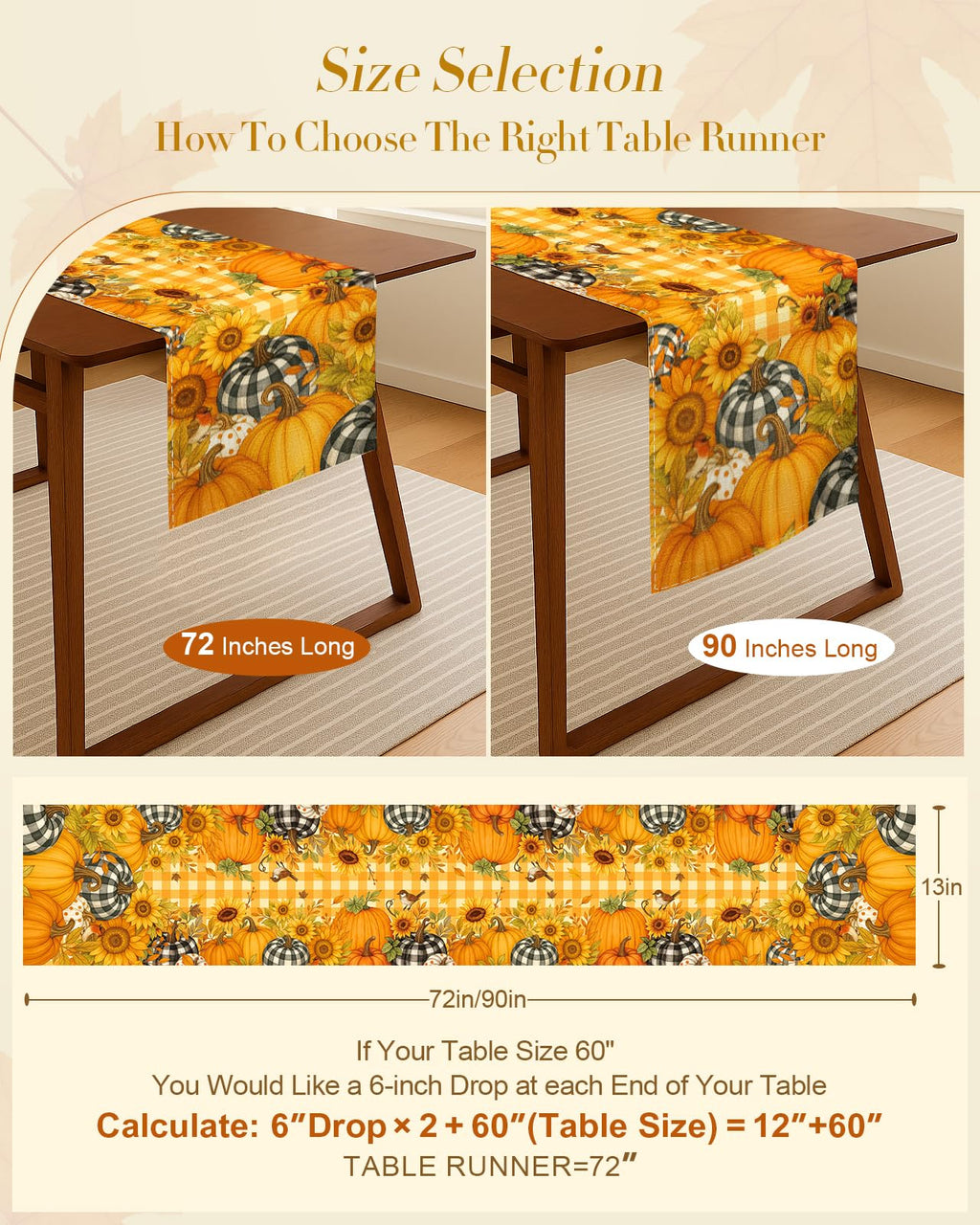 Miss Adola Pumpkin Plaid Fall Table Runner 13x72 Sunflower Decor