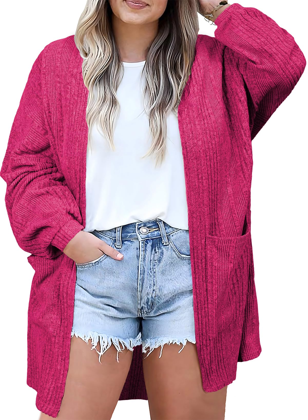 Eytino Women's Plus Size Cardigan Long Sleeve Waffle Knit Coral Paradise Size 1X
